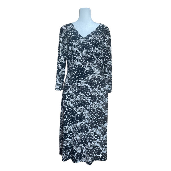 Evan-Picone Faux Wrap Dress Women's Size 12 Black and White V-Neck Stretchy - Picture 1 of 13